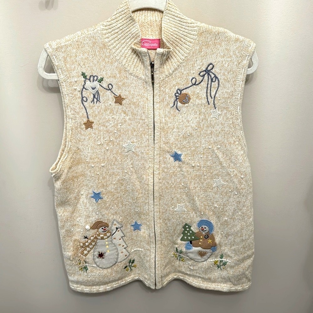 Pappagallo Knit Vintage Snowmen Stars Appliqué Beige Faux Pearls Zip Up Medium